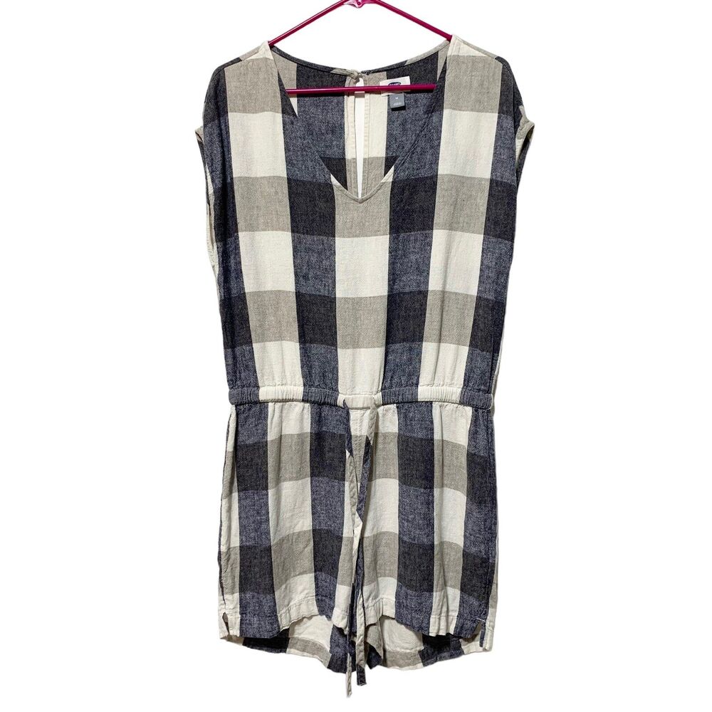 Old Navy Romper M Linen Blend Plaid Sleeveless Navy Cream Drawstring Waist